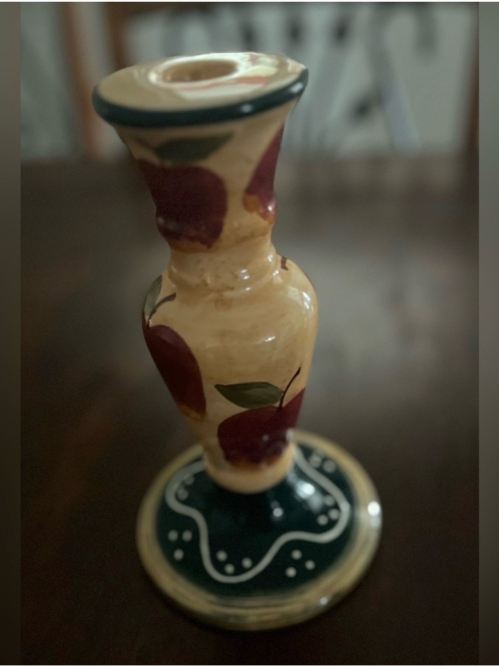 Hand-Painted Ceramic Apple Pattern Candle Holder - Cream and Red